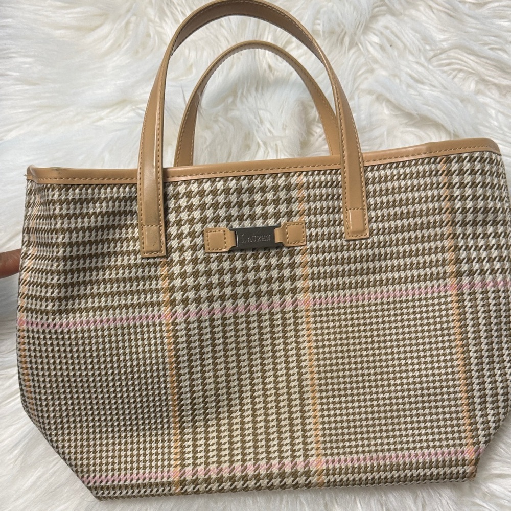 Ralph Lauren Tan and Pink Houndstooth Tote